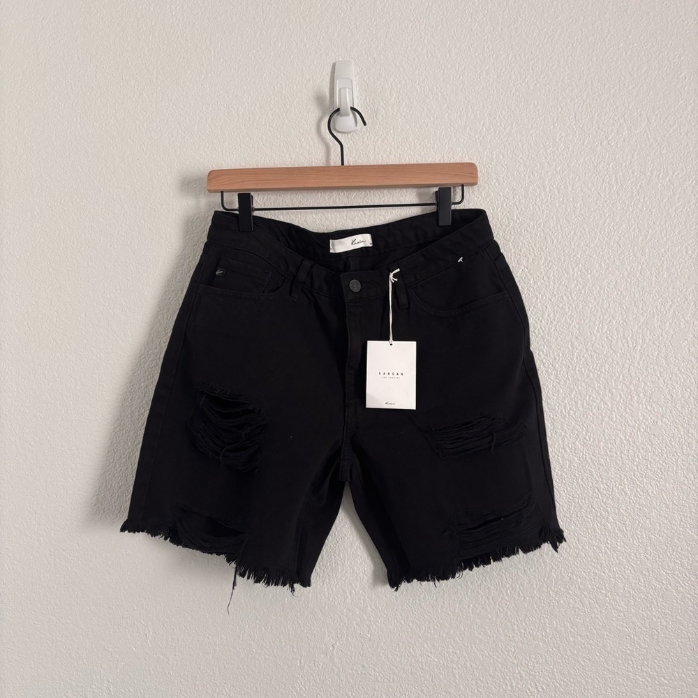 NWT Kan Can Women's Size Large Black Distressed Denim Shorts